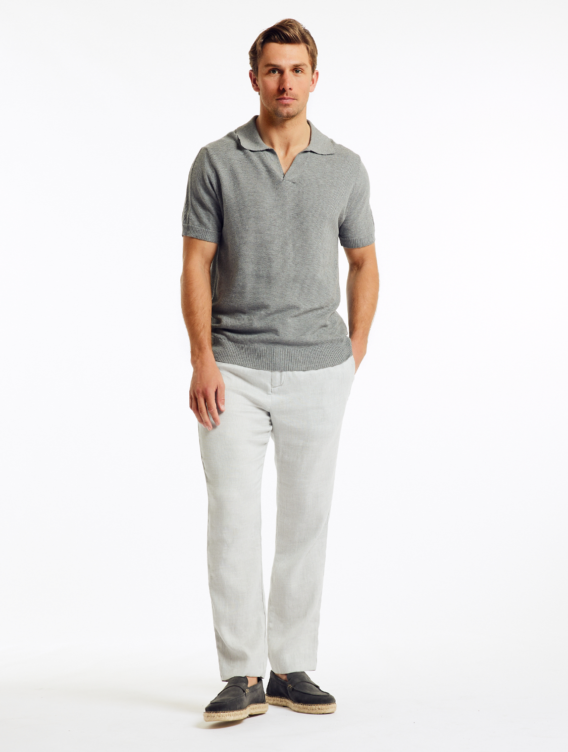 White polo online gray pants